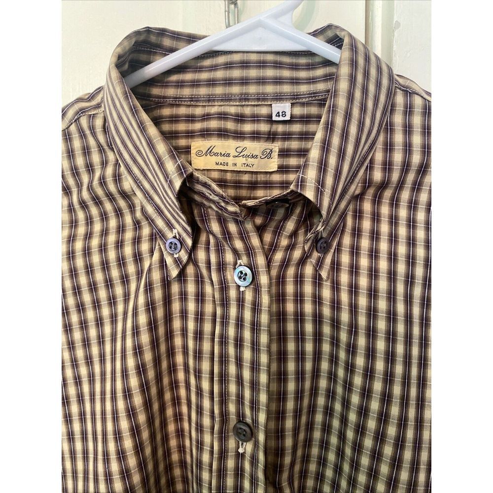 Women's 48 Maria Luisa B Made in Italy Plaid‎ Browns Button Up Shirt w/ Collar